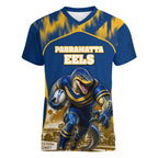 Personalised Parramatta Eels Mascot Rugby Women V-Neck T-Shirt Parramatta Cityscape Athletic Graphic Print