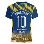 Personalised Parramatta Eels Mascot Rugby Women V-Neck T-Shirt Parramatta Cityscape Athletic Graphic Print