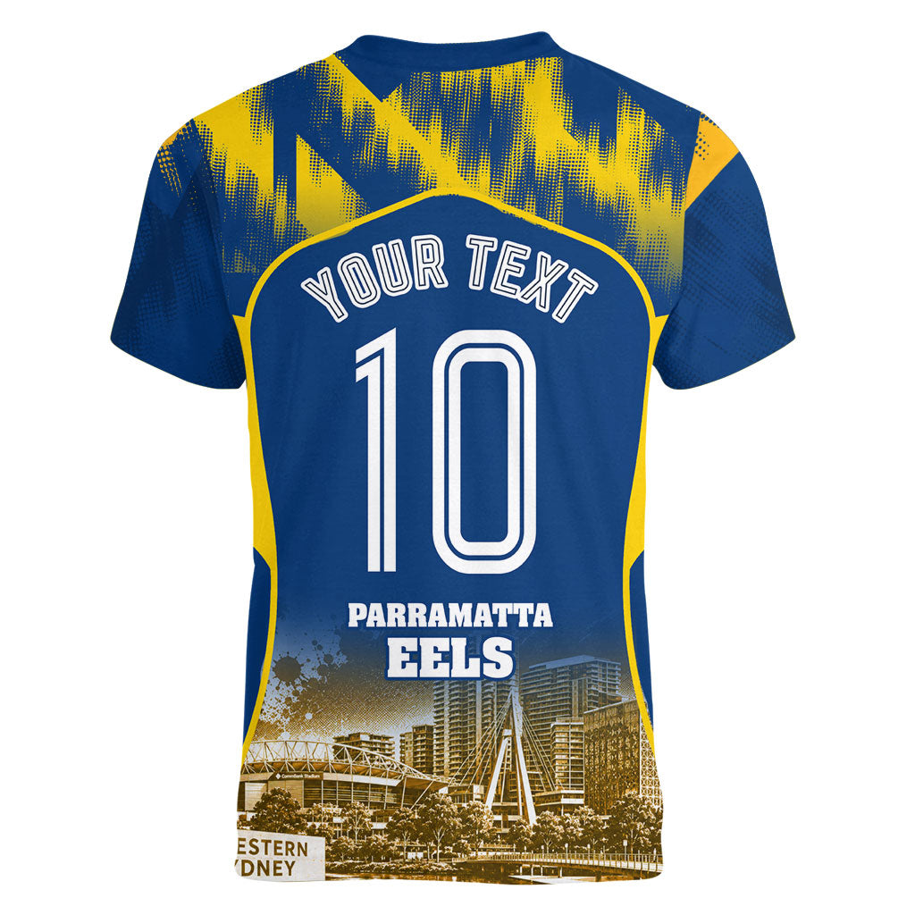Personalised Parramatta Eels Mascot Rugby Women V-Neck T-Shirt Parramatta Cityscape Athletic Graphic Print