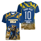 Personalised Parramatta Eels Mascot Rugby Women V-Neck T-Shirt Parramatta Cityscape Athletic Graphic Print