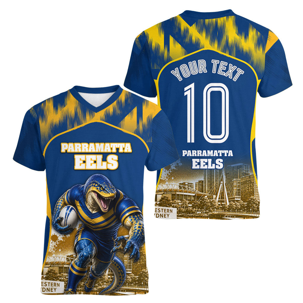 Personalised Parramatta Eels Mascot Rugby Women V-Neck T-Shirt Parramatta Cityscape Athletic Graphic Print