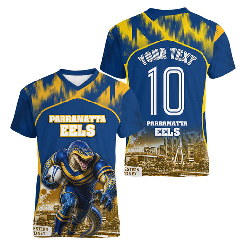 Personalised Parramatta Eels Mascot Rugby Women V-Neck T-Shirt Parramatta Cityscape Athletic Graphic Print
