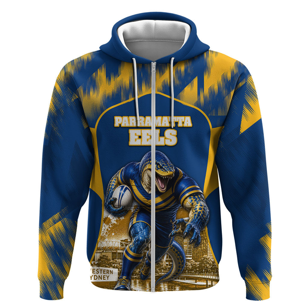 Personalised Parramatta Eels Mascot Rugby Zip Hoodie Parramatta Cityscape Athletic Graphic Print