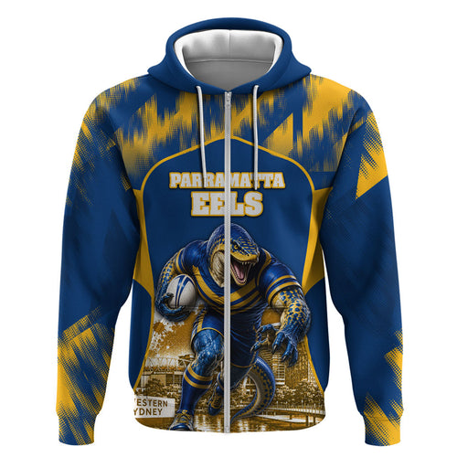 Personalised Parramatta Eels Mascot Rugby Zip Hoodie Parramatta Cityscape Athletic Graphic Print