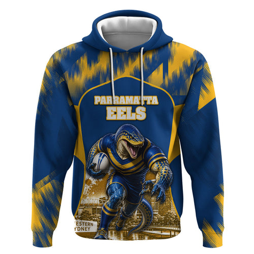 Personalised Parramatta Eels Mascot Rugby Zip Hoodie Parramatta Cityscape Athletic Graphic Print
