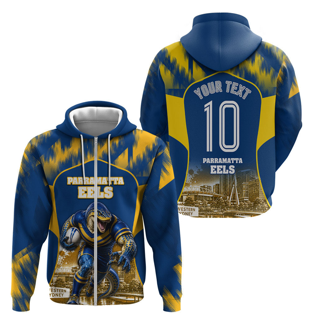 Personalised Parramatta Eels Mascot Rugby Zip Hoodie Parramatta Cityscape Athletic Graphic Print