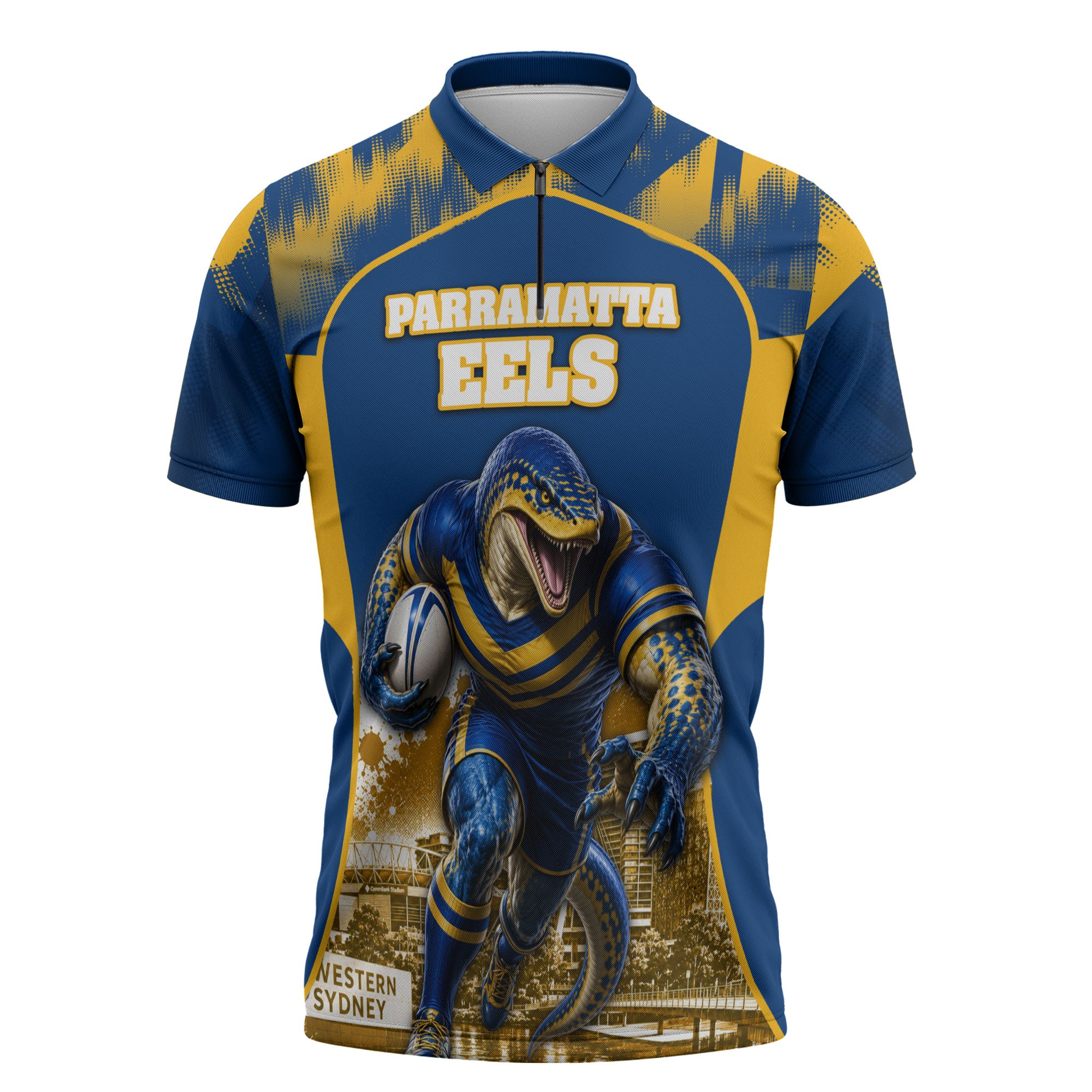 Personalised Parramatta Eels Mascot Rugby Zipper Polo Shirt Parramatta Cityscape Athletic Graphic Print