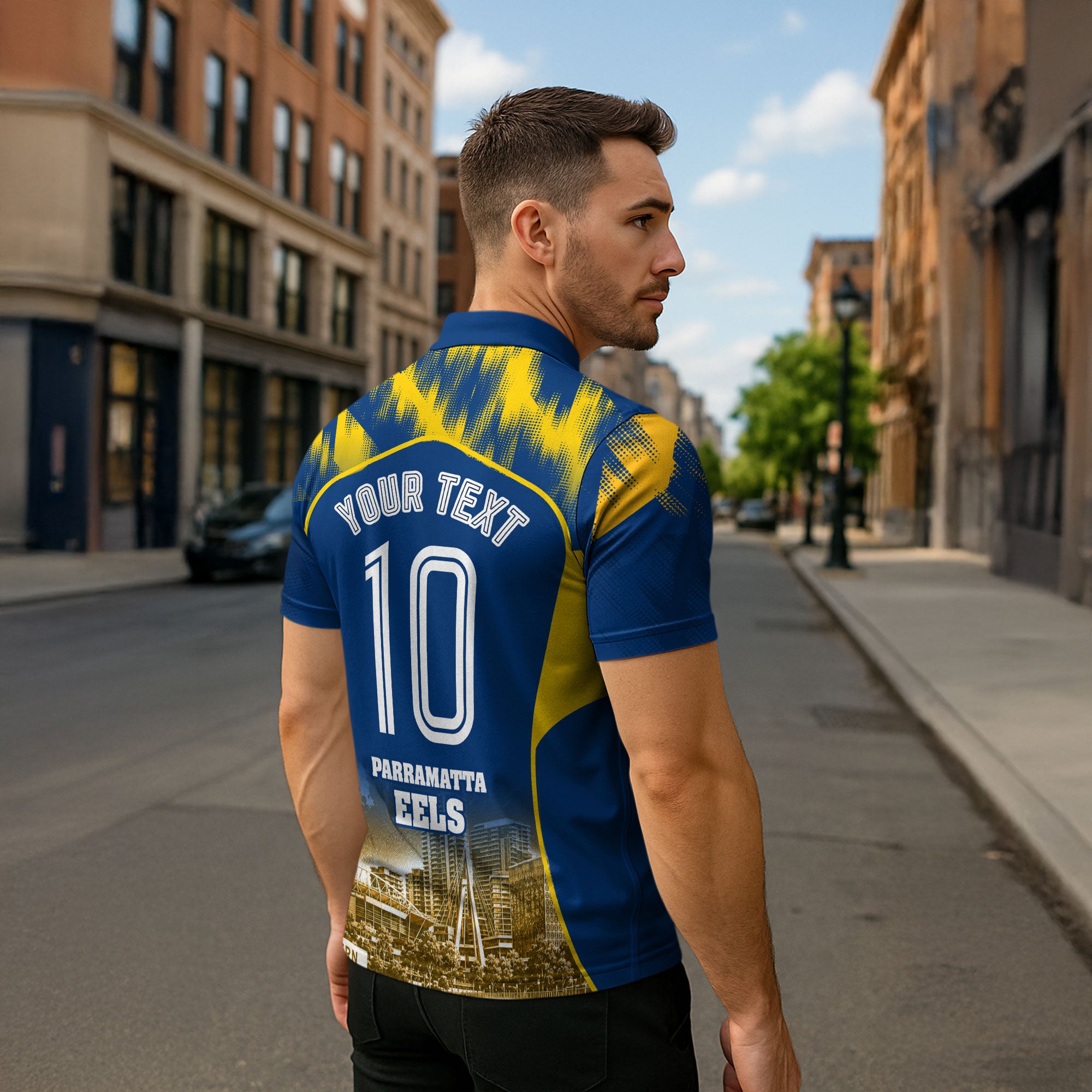 Personalised Parramatta Eels Mascot Rugby Zipper Polo Shirt Parramatta Cityscape Athletic Graphic Print