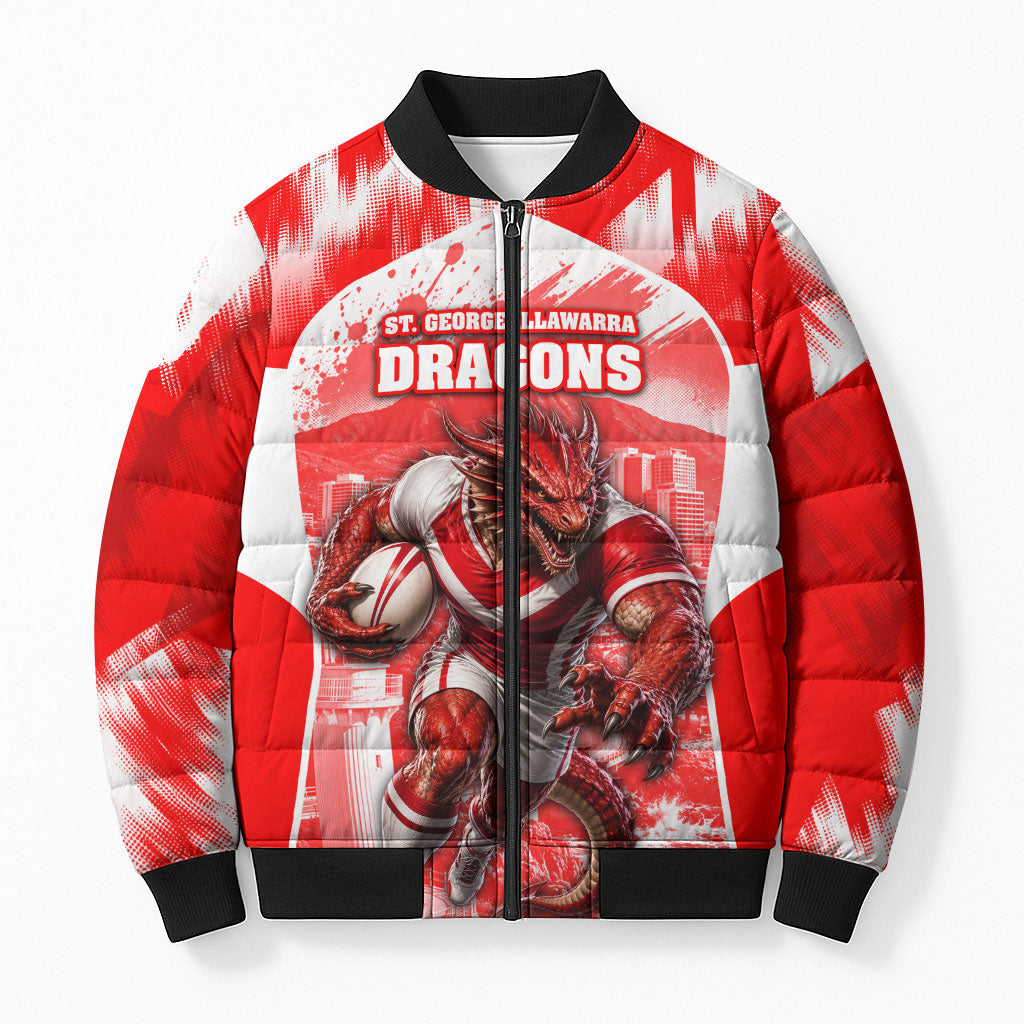 Personalised St. George Illawarra Dragons Mascot Rugby Bomber Puffer Jacket Illawarra Coastline Athletic Graphic Print
