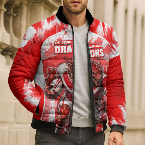Personalised St. George Illawarra Dragons Mascot Rugby Bomber Puffer Jacket Illawarra Coastline Athletic Graphic Print