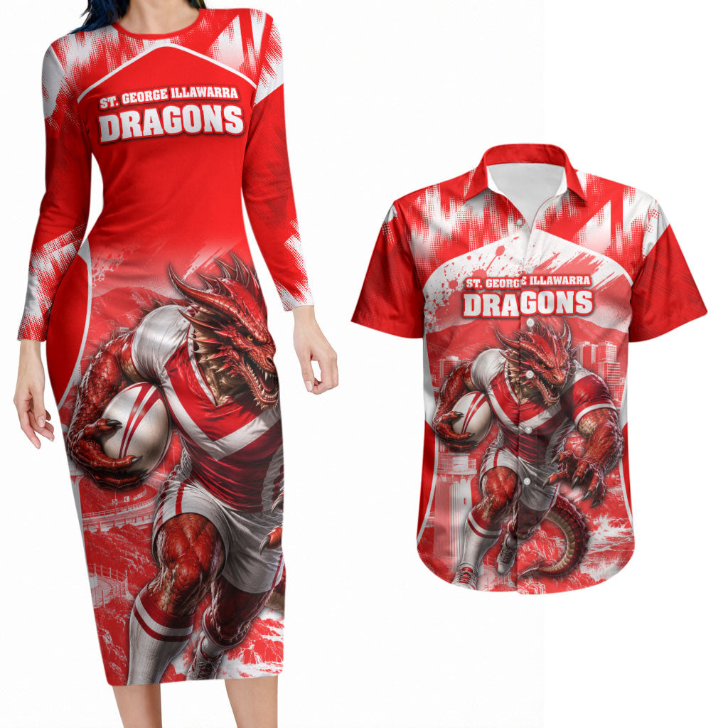 Personalised St. George Illawarra Dragons Mascot Rugby Couples Matching Long Sleeve Bodycon Dress and Hawaiian Shirt Illawarra Coastline Athletic Graphic Print