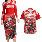 Personalised St. George Illawarra Dragons Mascot Rugby Couples Matching Long Sleeve Bodycon Dress and Hawaiian Shirt Illawarra Coastline Athletic Graphic Print