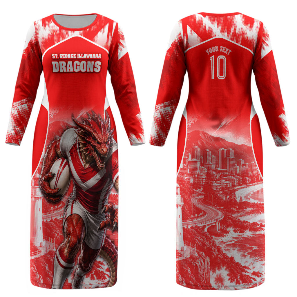 Personalised St. George Illawarra Dragons Mascot Rugby Couples Matching Long Sleeve Bodycon Dress and Hawaiian Shirt Illawarra Coastline Athletic Graphic Print