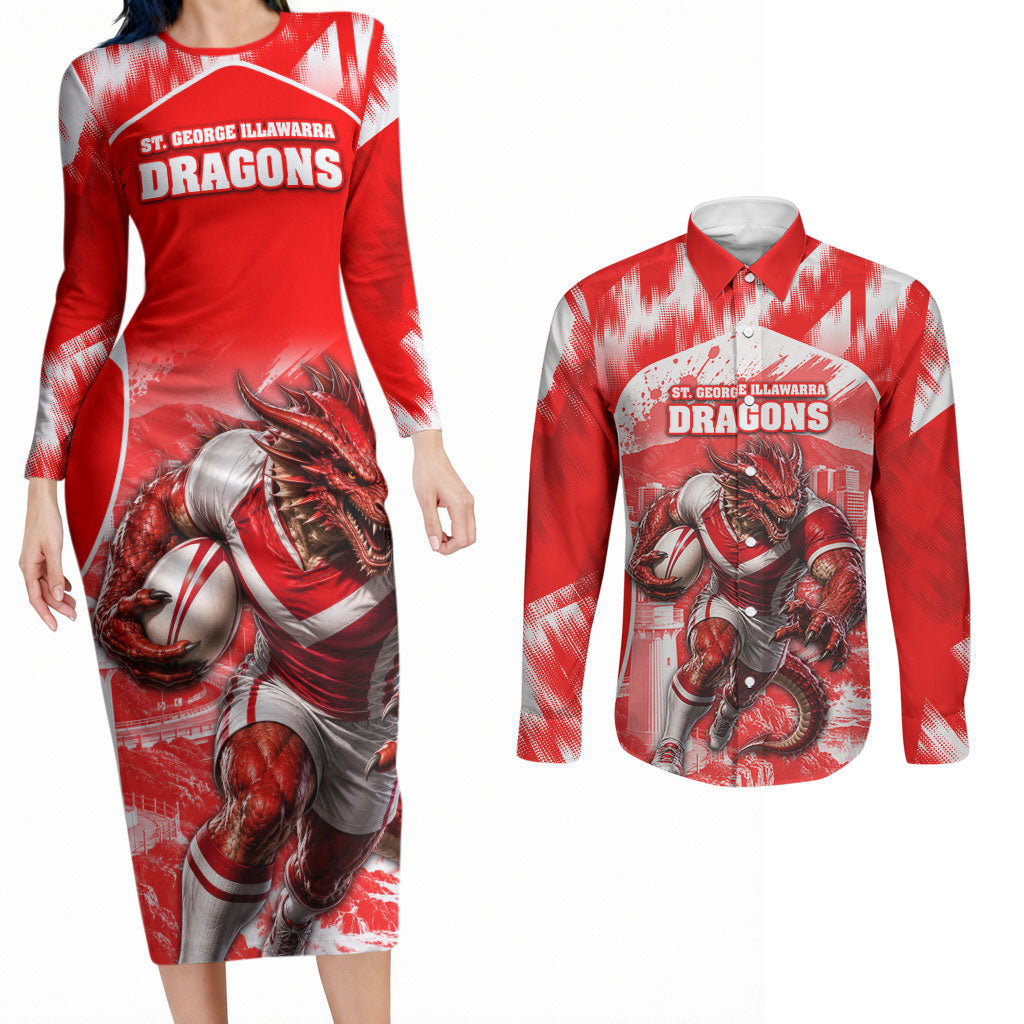 Personalised St. George Illawarra Dragons Mascot Rugby Couples Matching Long Sleeve Bodycon Dress and Long Sleeve Button Shirt Illawarra Coastline Athletic Graphic Print