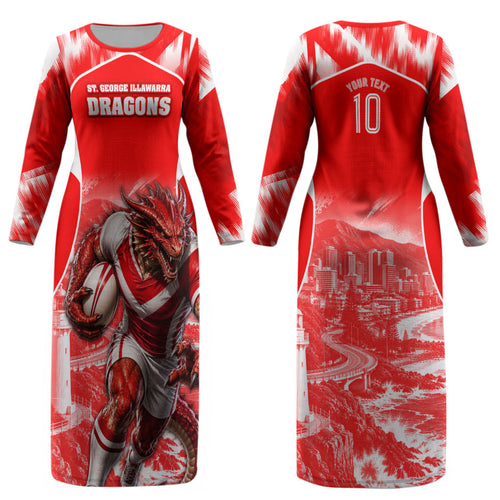 Personalised St. George Illawarra Dragons Mascot Rugby Couples Matching Long Sleeve Bodycon Dress and Long Sleeve Button Shirt Illawarra Coastline Athletic Graphic Print