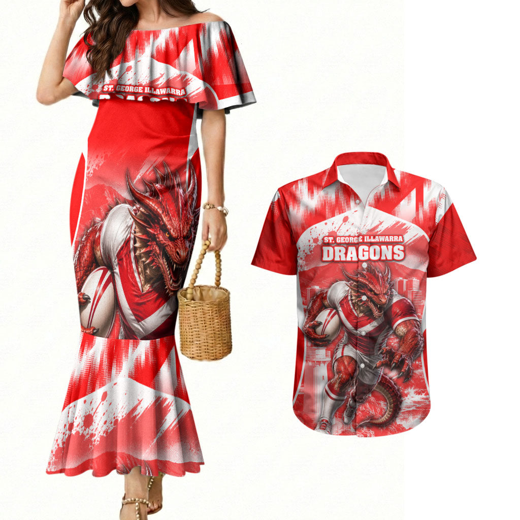 Personalised St. George Illawarra Dragons Mascot Rugby Couples Matching Mermaid Dress and Hawaiian Shirt Illawarra Coastline Athletic Graphic Print
