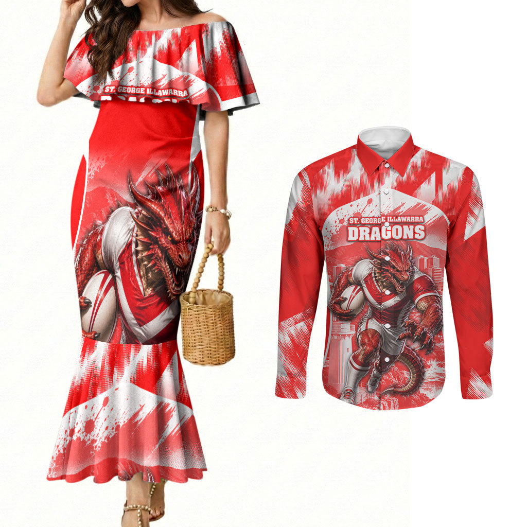 Personalised St. George Illawarra Dragons Mascot Rugby Couples Matching Mermaid Dress and Long Sleeve Button Shirt Illawarra Coastline Athletic Graphic Print