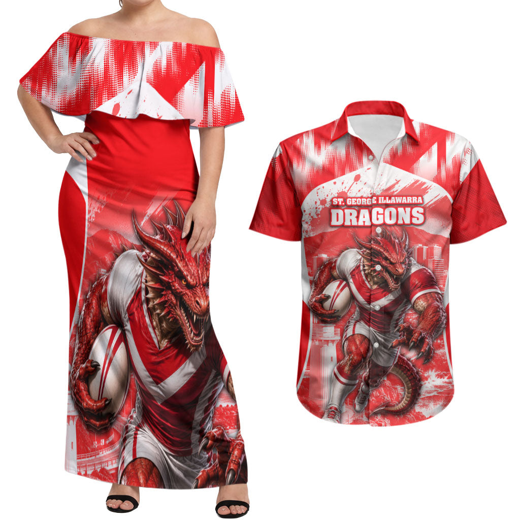 Personalised St. George Illawarra Dragons Mascot Rugby Couples Matching Off Shoulder Maxi Dress and Hawaiian Shirt Illawarra Coastline Athletic Graphic Print