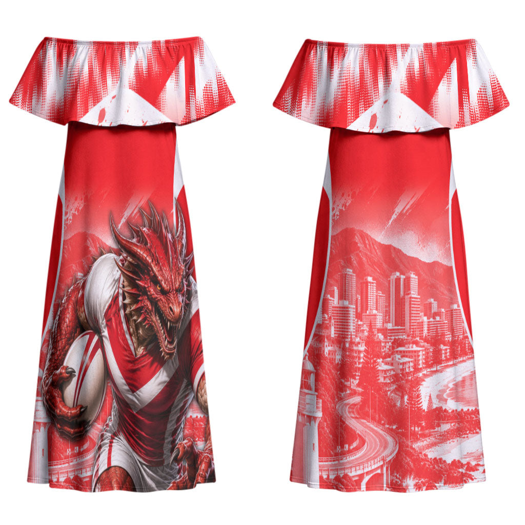 Personalised St. George Illawarra Dragons Mascot Rugby Couples Matching Off Shoulder Maxi Dress and Hawaiian Shirt Illawarra Coastline Athletic Graphic Print