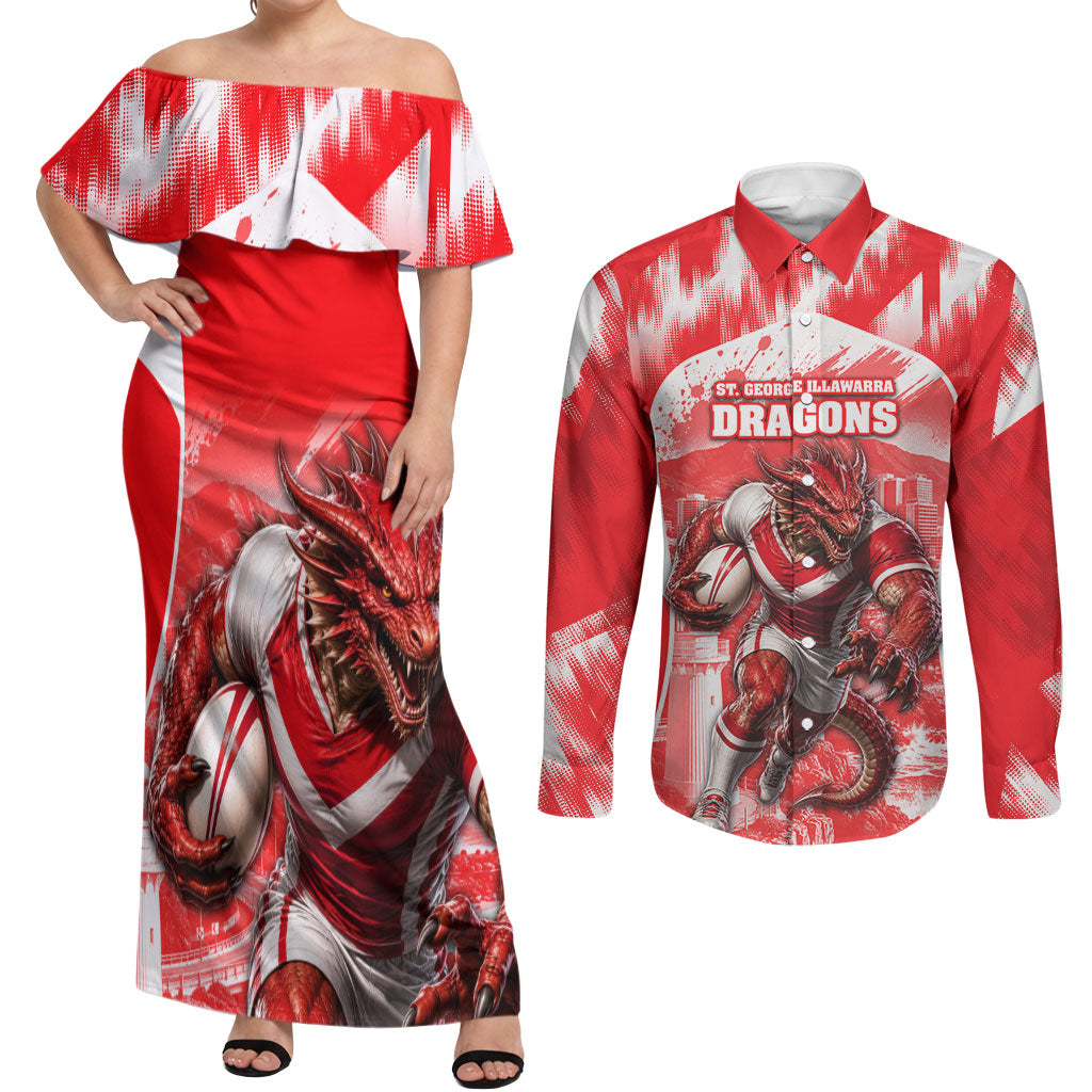 Personalised St. George Illawarra Dragons Mascot Rugby Couples Matching Off Shoulder Maxi Dress and Long Sleeve Button Shirt Illawarra Coastline Athletic Graphic Print