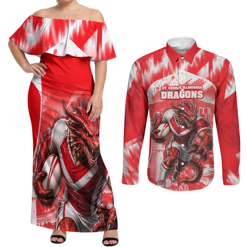Personalised St. George Illawarra Dragons Mascot Rugby Couples Matching Off Shoulder Maxi Dress and Long Sleeve Button Shirt Illawarra Coastline Athletic Graphic Print