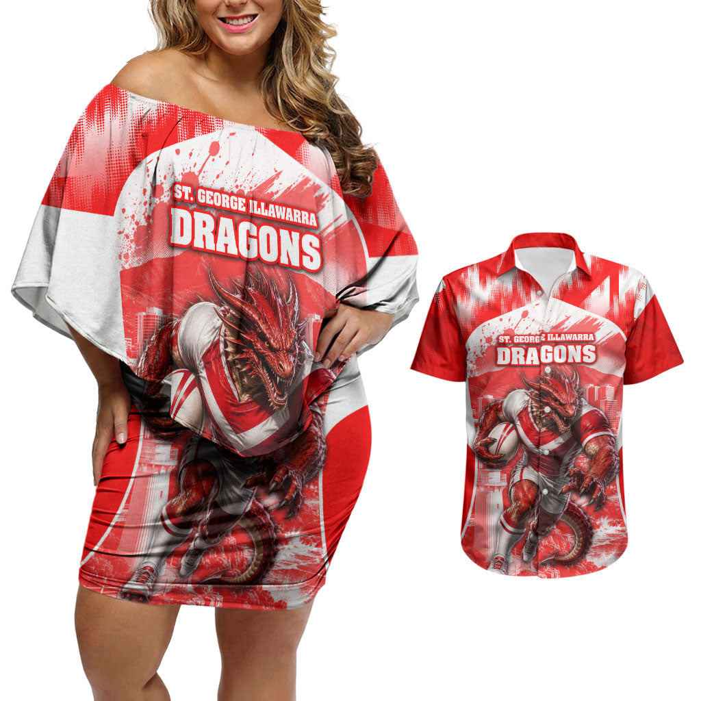 Personalised St. George Illawarra Dragons Mascot Rugby Couples Matching Off Shoulder Short Dress and Hawaiian Shirt Illawarra Coastline Athletic Graphic Print