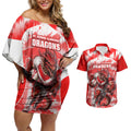 Personalised St. George Illawarra Dragons Mascot Rugby Couples Matching Off Shoulder Short Dress and Hawaiian Shirt Illawarra Coastline Athletic Graphic Print