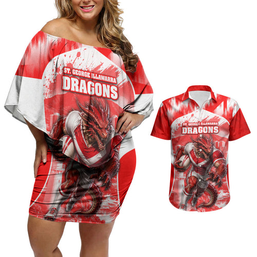 Personalised St. George Illawarra Dragons Mascot Rugby Couples Matching Off Shoulder Short Dress and Hawaiian Shirt Illawarra Coastline Athletic Graphic Print
