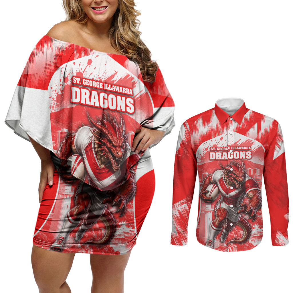 Personalised St. George Illawarra Dragons Mascot Rugby Couples Matching Off Shoulder Short Dress and Long Sleeve Button Shirt Illawarra Coastline Athletic Graphic Print