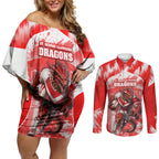Personalised St. George Illawarra Dragons Mascot Rugby Couples Matching Off Shoulder Short Dress and Long Sleeve Button Shirt Illawarra Coastline Athletic Graphic Print