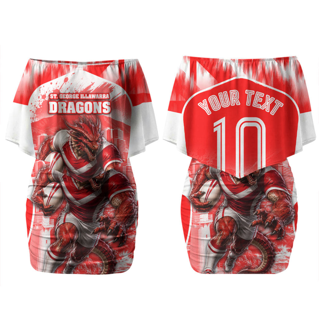 Personalised St. George Illawarra Dragons Mascot Rugby Couples Matching Off Shoulder Short Dress and Long Sleeve Button Shirt Illawarra Coastline Athletic Graphic Print