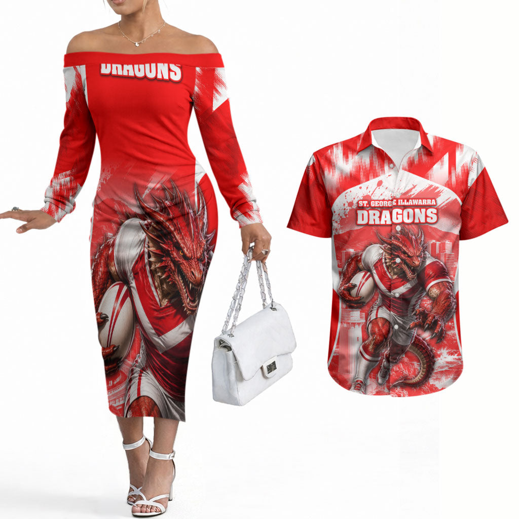 Personalised St. George Illawarra Dragons Mascot Rugby Couples Matching Off The Shoulder Long Sleeve Dress and Hawaiian Shirt Illawarra Coastline Athletic Graphic Print