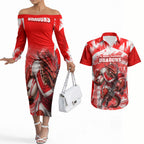 Personalised St. George Illawarra Dragons Mascot Rugby Couples Matching Off The Shoulder Long Sleeve Dress and Hawaiian Shirt Illawarra Coastline Athletic Graphic Print