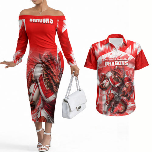 Personalised St. George Illawarra Dragons Mascot Rugby Couples Matching Off The Shoulder Long Sleeve Dress and Hawaiian Shirt Illawarra Coastline Athletic Graphic Print