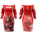 Personalised St. George Illawarra Dragons Mascot Rugby Couples Matching Off The Shoulder Long Sleeve Dress and Hawaiian Shirt Illawarra Coastline Athletic Graphic Print