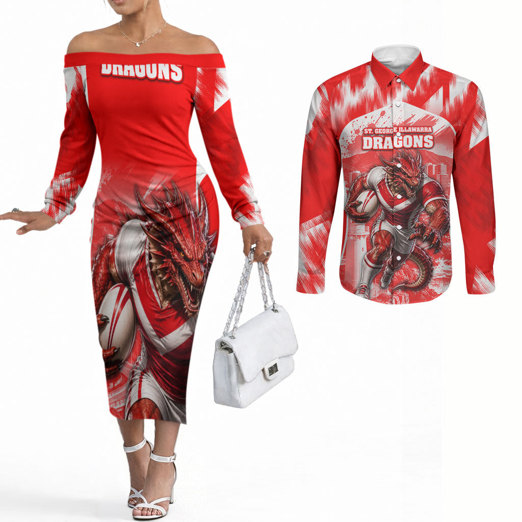 Personalised St. George Illawarra Dragons Mascot Rugby Couples Matching Off The Shoulder Long Sleeve Dress and Long Sleeve Button Shirt Illawarra Coastline Athletic Graphic Print