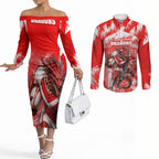 Personalised St. George Illawarra Dragons Mascot Rugby Couples Matching Off The Shoulder Long Sleeve Dress and Long Sleeve Button Shirt Illawarra Coastline Athletic Graphic Print