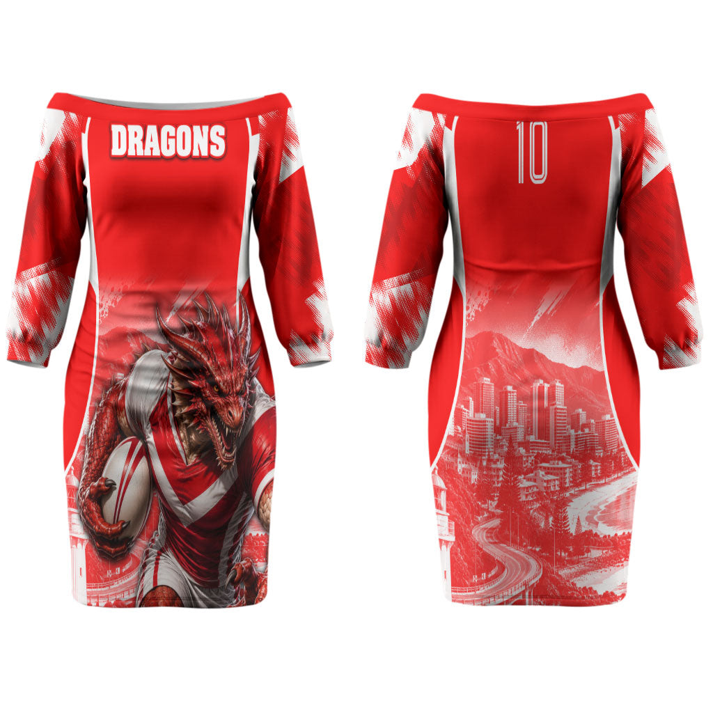 Personalised St. George Illawarra Dragons Mascot Rugby Couples Matching Off The Shoulder Long Sleeve Dress and Long Sleeve Button Shirt Illawarra Coastline Athletic Graphic Print