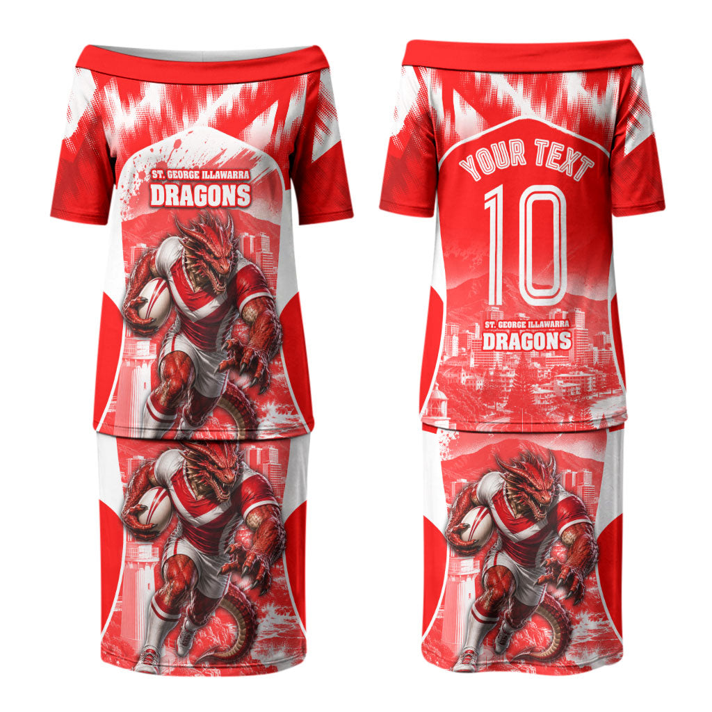 Personalised St. George Illawarra Dragons Mascot Rugby Couples Matching Puletasi and Long Sleeve Button Shirt Illawarra Coastline Athletic Graphic Print