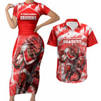 Personalised St. George Illawarra Dragons Mascot Rugby Couples Matching Short Sleeve Bodycon Dress and Hawaiian Shirt Illawarra Coastline Athletic Graphic Print