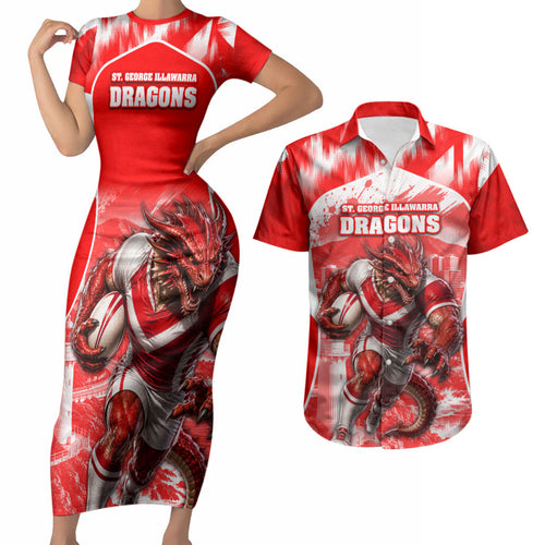 Personalised St. George Illawarra Dragons Mascot Rugby Couples Matching Short Sleeve Bodycon Dress and Hawaiian Shirt Illawarra Coastline Athletic Graphic Print