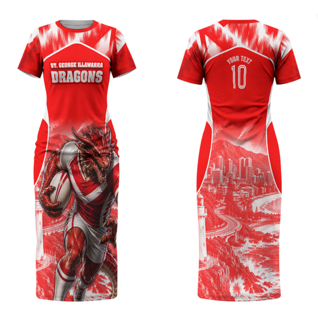 Personalised St. George Illawarra Dragons Mascot Rugby Couples Matching Short Sleeve Bodycon Dress and Hawaiian Shirt Illawarra Coastline Athletic Graphic Print