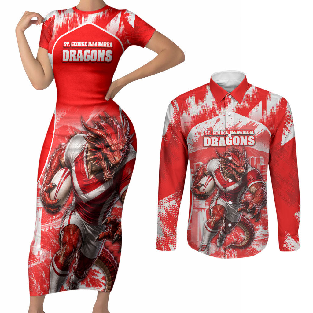 Personalised St. George Illawarra Dragons Mascot Rugby Couples Matching Short Sleeve Bodycon Dress and Long Sleeve Button Shirt Illawarra Coastline Athletic Graphic Print