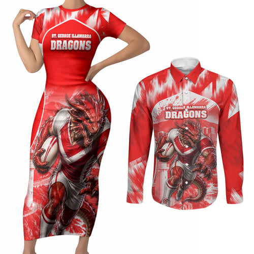 Personalised St. George Illawarra Dragons Mascot Rugby Couples Matching Short Sleeve Bodycon Dress and Long Sleeve Button Shirt Illawarra Coastline Athletic Graphic Print