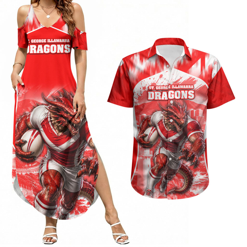 Personalised St. George Illawarra Dragons Mascot Rugby Couples Matching Summer Maxi Dress and Hawaiian Shirt Illawarra Coastline Athletic Graphic Print