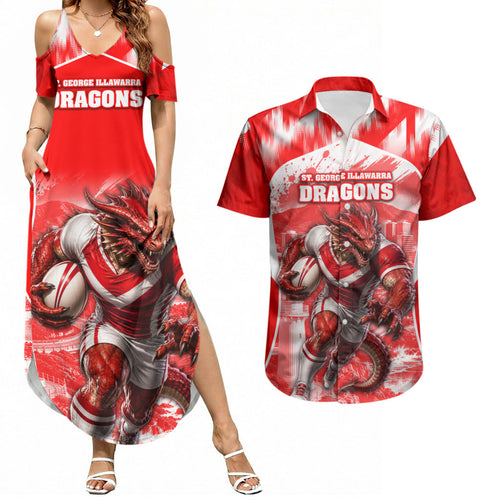 Personalised St. George Illawarra Dragons Mascot Rugby Couples Matching Summer Maxi Dress and Hawaiian Shirt Illawarra Coastline Athletic Graphic Print