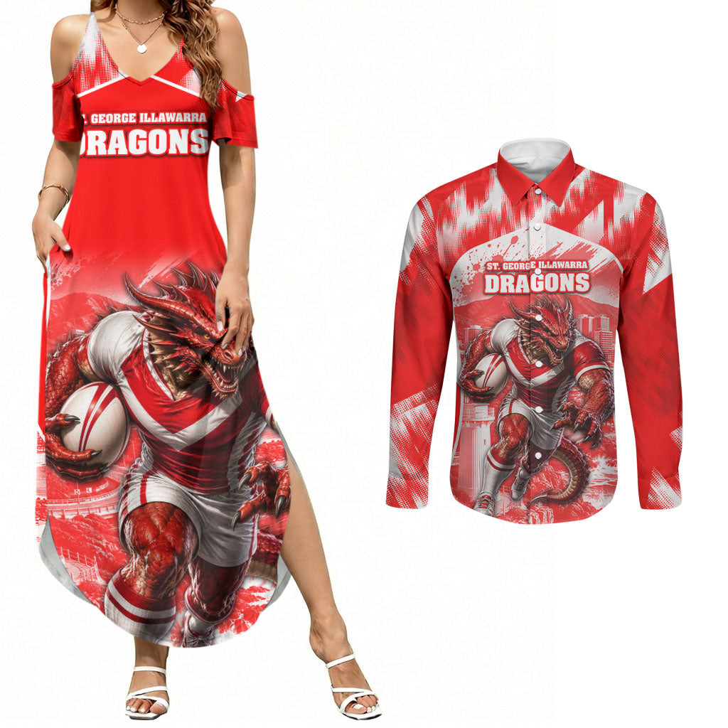 Personalised St. George Illawarra Dragons Mascot Rugby Couples Matching Summer Maxi Dress and Long Sleeve Button Shirt Illawarra Coastline Athletic Graphic Print