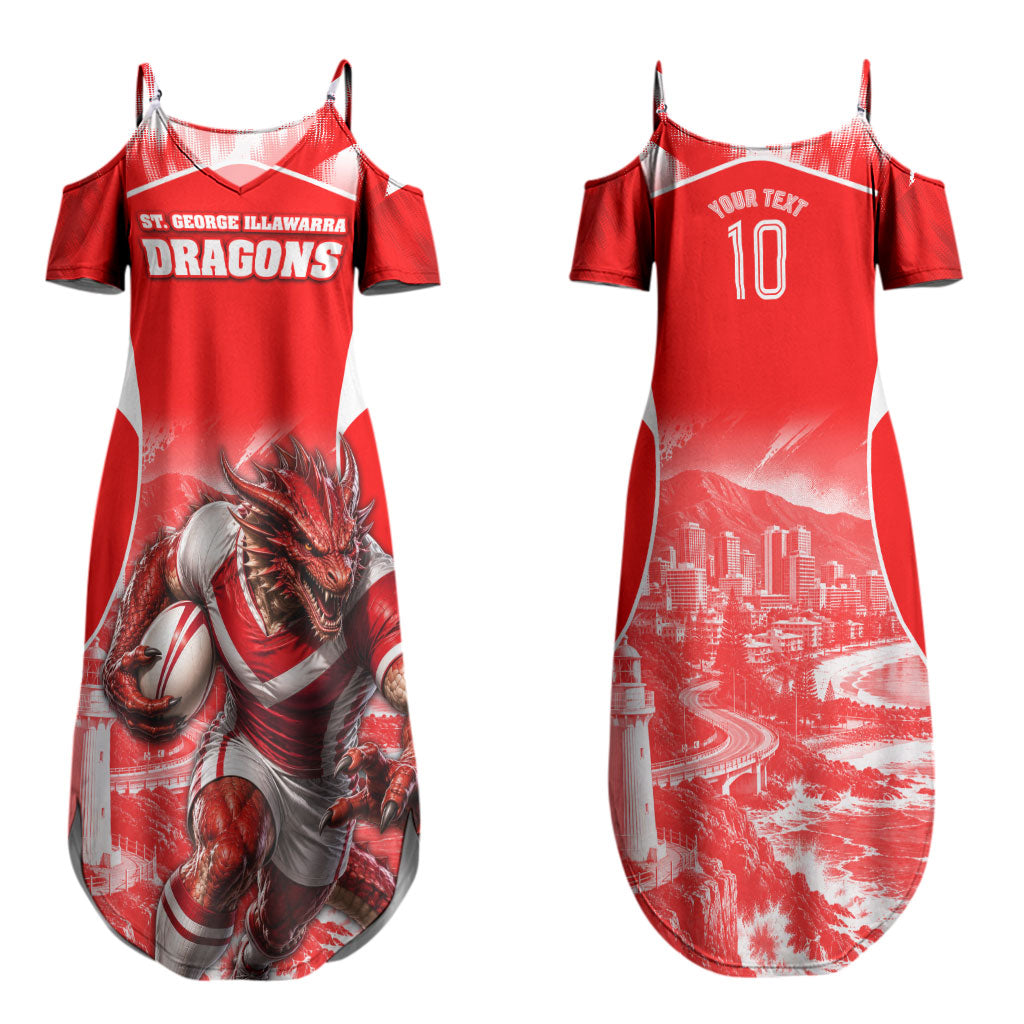Personalised St. George Illawarra Dragons Mascot Rugby Couples Matching Summer Maxi Dress and Long Sleeve Button Shirt Illawarra Coastline Athletic Graphic Print