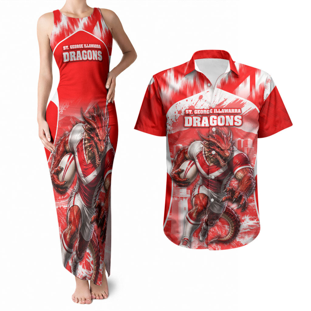 Personalised St. George Illawarra Dragons Mascot Rugby Couples Matching Tank Maxi Dress and Hawaiian Shirt Illawarra Coastline Athletic Graphic Print