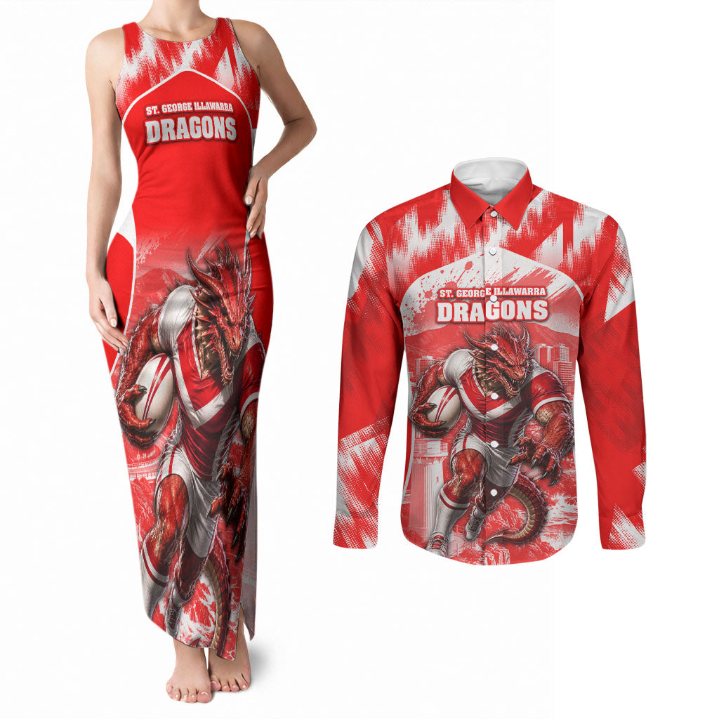 Personalised St. George Illawarra Dragons Mascot Rugby Couples Matching Tank Maxi Dress and Long Sleeve Button Shirt Illawarra Coastline Athletic Graphic Print